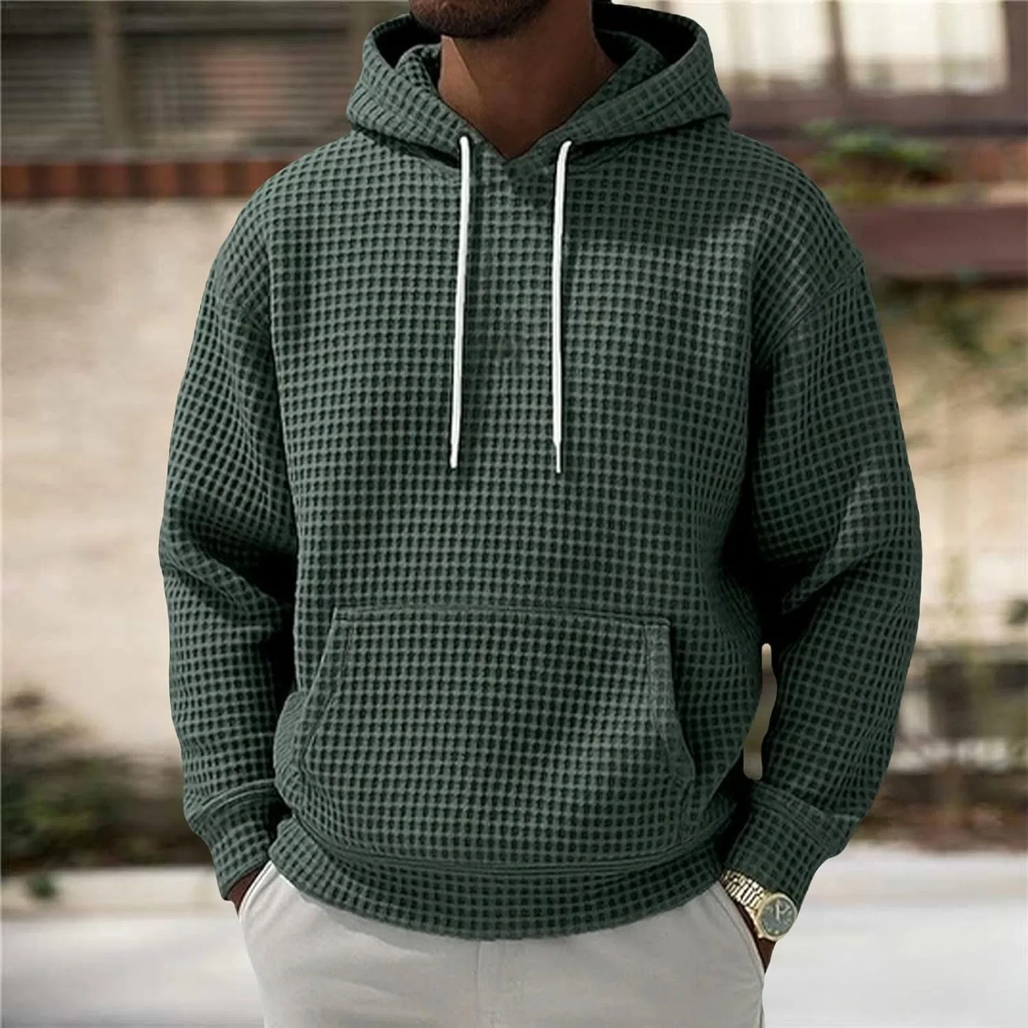 Мужская худи с капюшоном, вафельная ткань, Blackish Green — фото 2