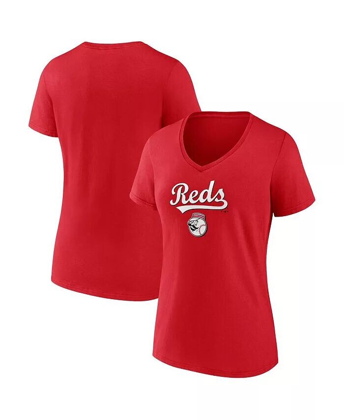 

Женская красная футболка Cincinnati Reds Team Lockup с v-образным вырезом Fanatics, красный