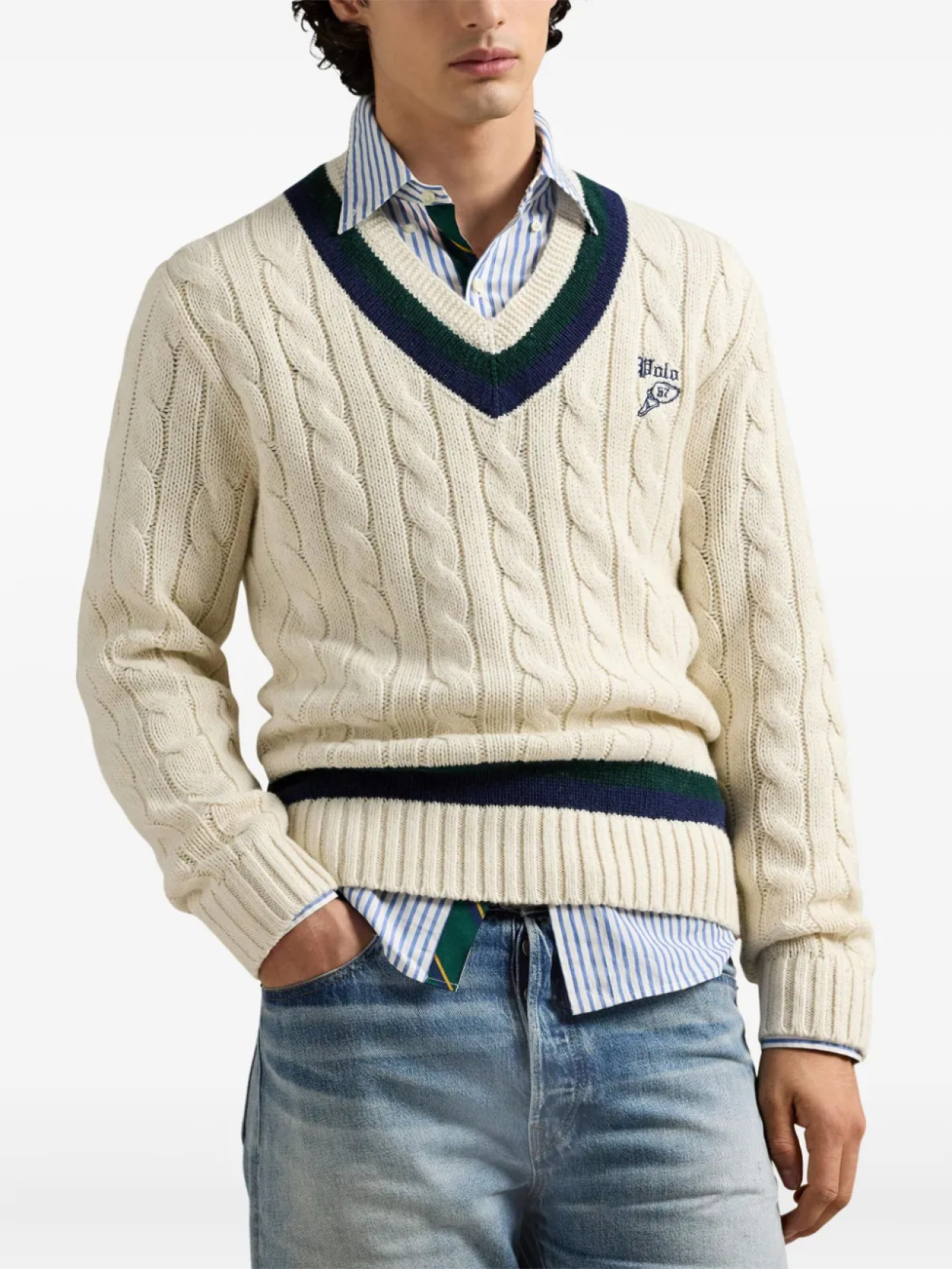 Свитер с вышитым логотипом и V-образным вырезом Polo Ralph Lauren, нейтральный — фото 3