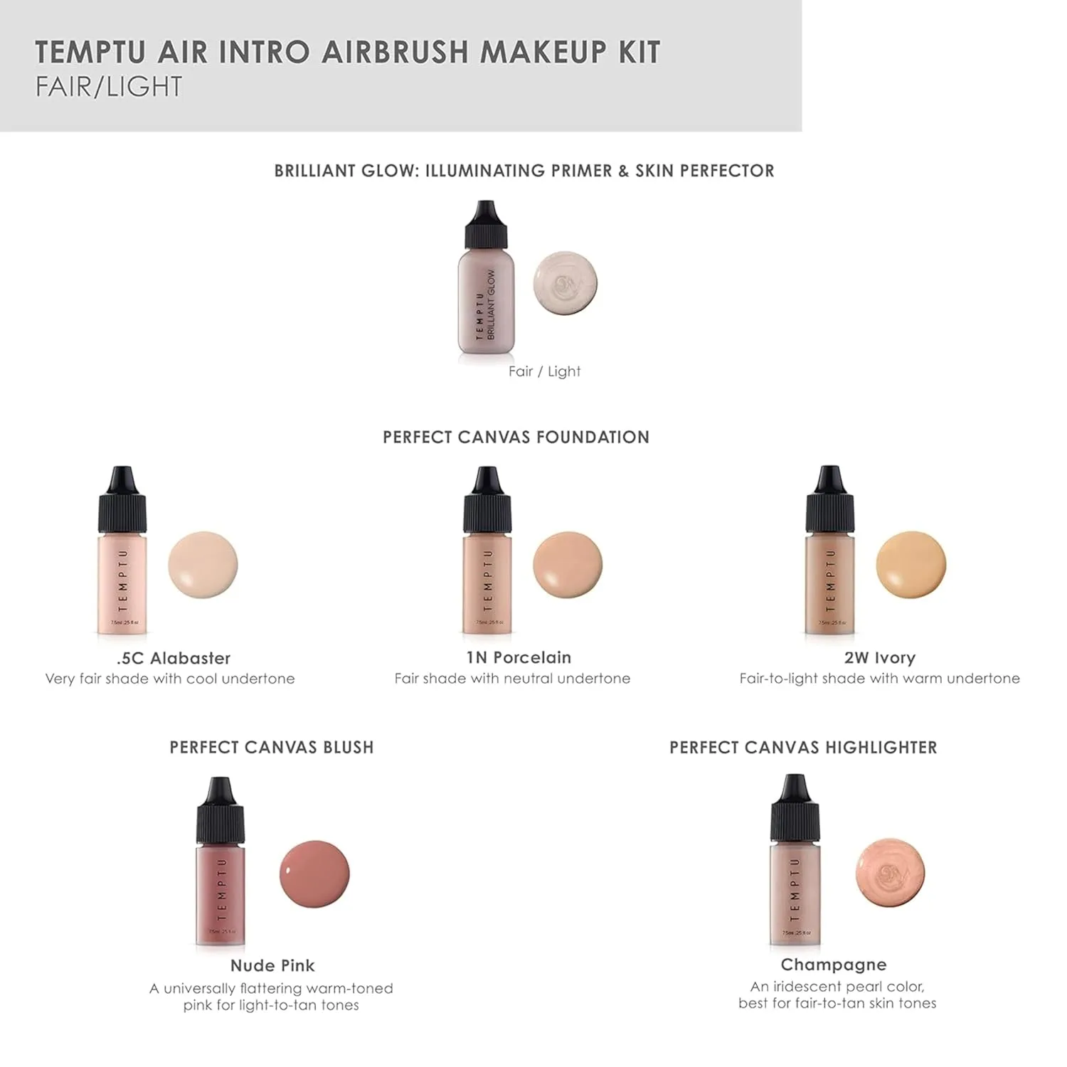 Набор TEMPTU Air Intro Airbrush: 9 предметов, беспроводное устройство, сменный картридж, 3 тональных основы Perfect Canvas Semi-Matte, праймер, румяна, хайлайтер, очиститель и запасные аэроподы — фото 2