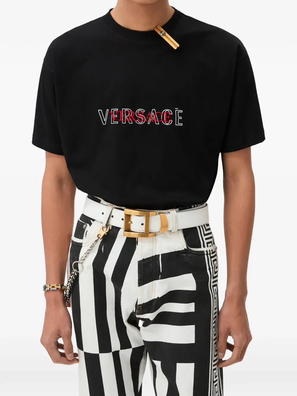 Обычная футболка из хлопкового трикотажа с вышитым логотипом Versace, черный — фото 2