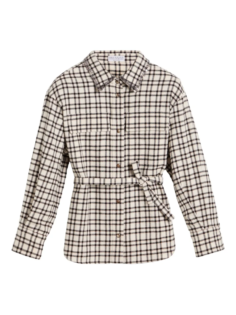 

Клетчатая рубашка с пайетками и поясом Brunello Cucinelli Kids, нейтральный