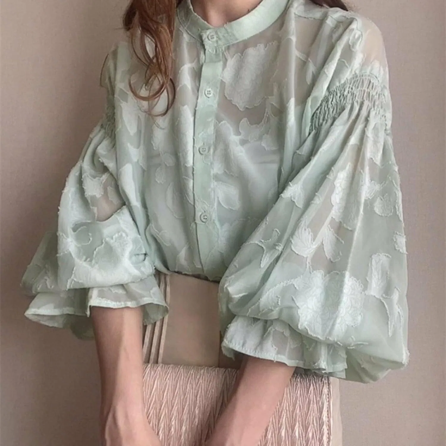 Блуза с цветочным жаккардом, рубашка с фонариком Sheer Shirt, светло-зеленый — фото 3