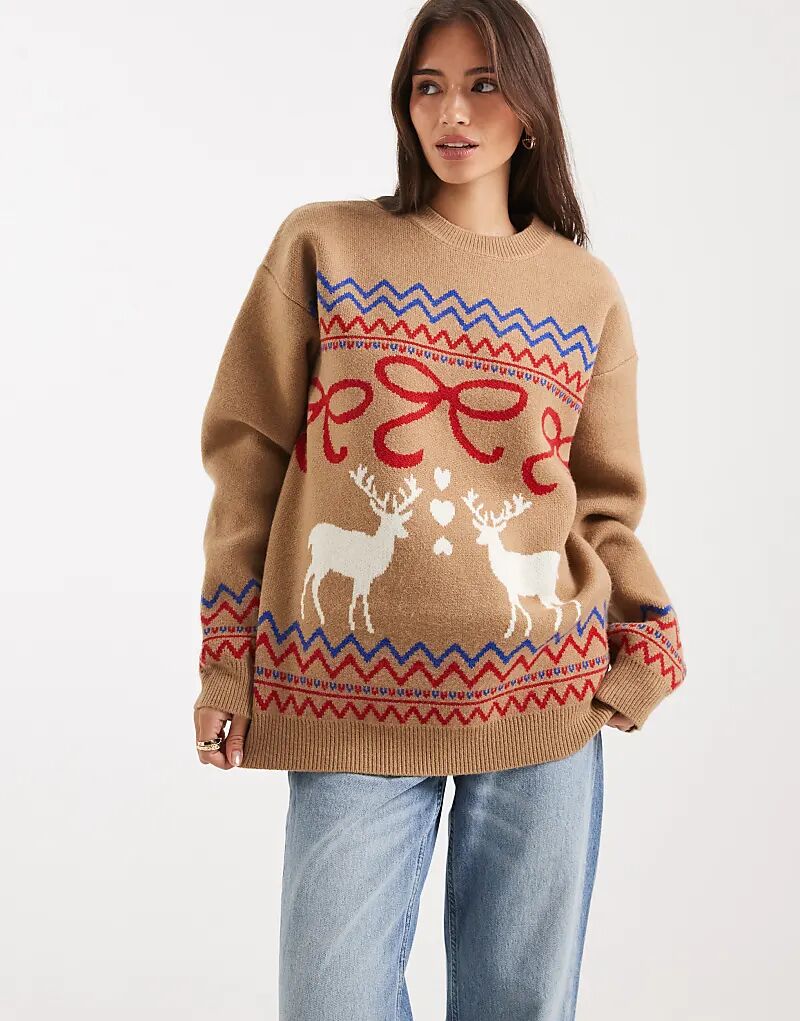 

Джемпер свободного кроя с бантом и оленями ASOS DESIGN цвета верблюжьей шерсти