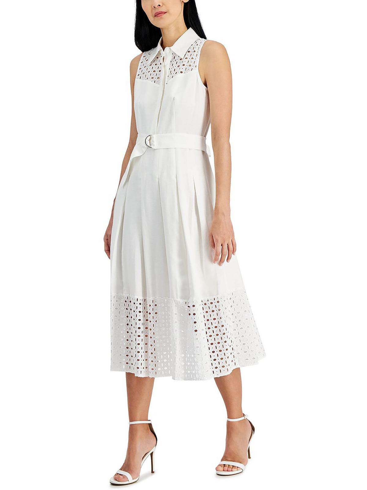 

Женское льняное платье миди с люверсами Anne Klein, цвет bright white