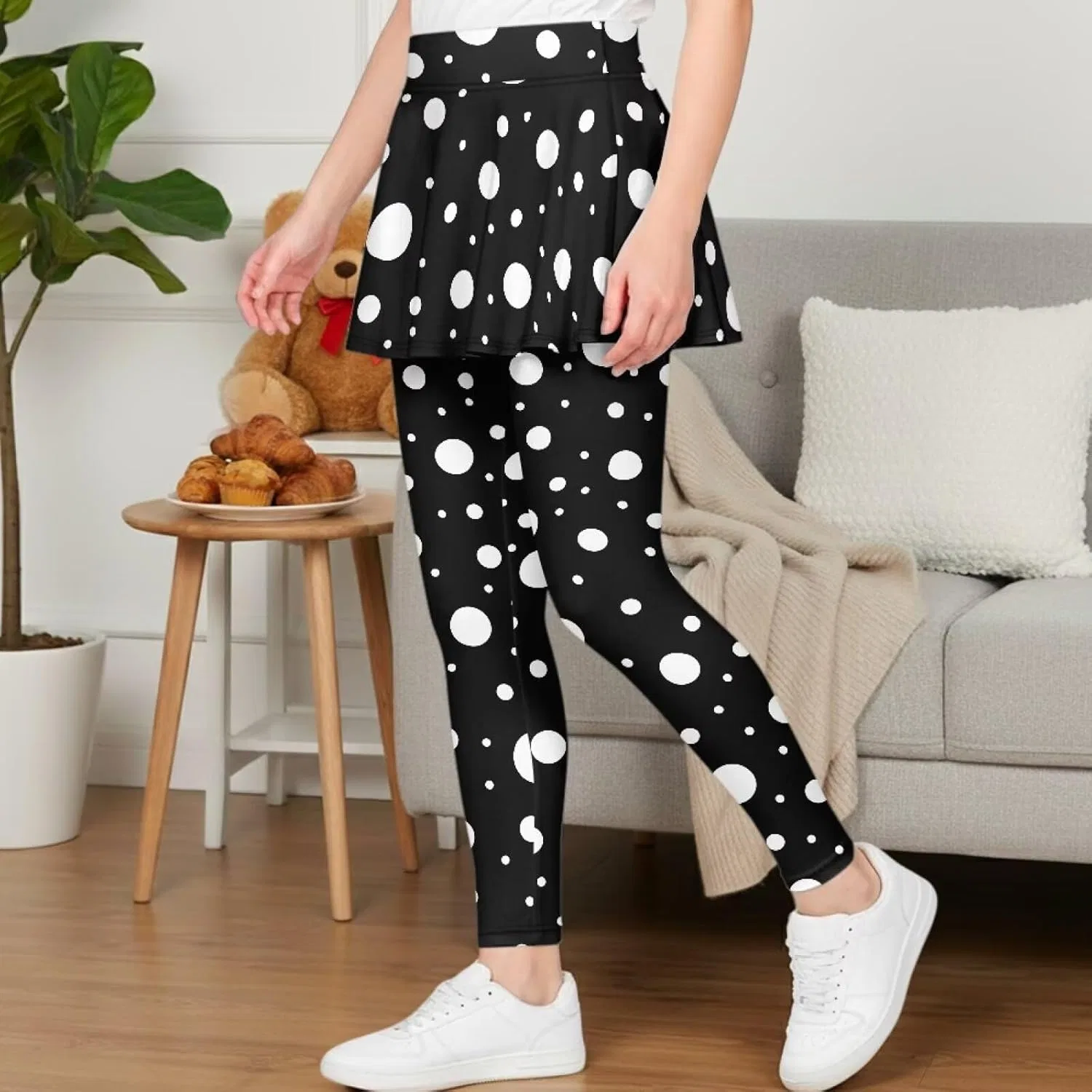 Леггинсы с юбкой для девочек, Hresuewn, 2-в-1, White Polka Dot-black — фото 3