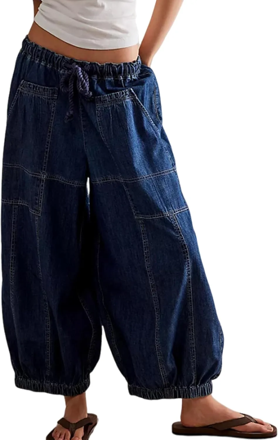 

Hooever Женские джинсы Wide Leg Baggy Boyfriend с эластичным подолом и шнурком на талии