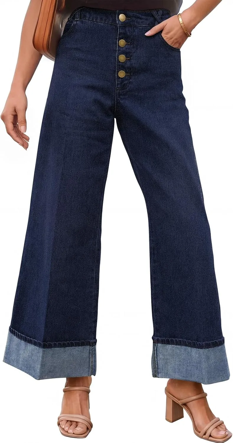 

MEROKEETY джинсы Wide Leg для женщин, Mid Rise, Button Fly, Straight Leg