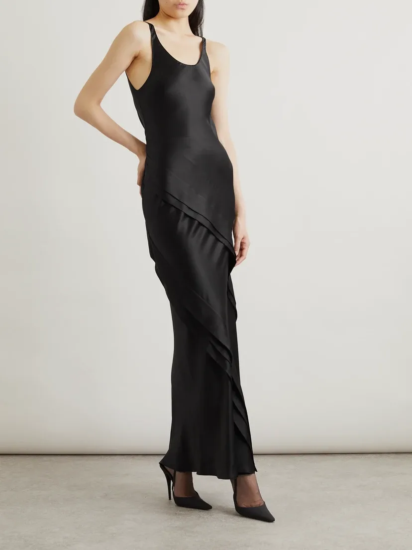 Асимметричное многоярусное макси-платье из шелкового сатина SAINT LAURENT, черный — фото 2