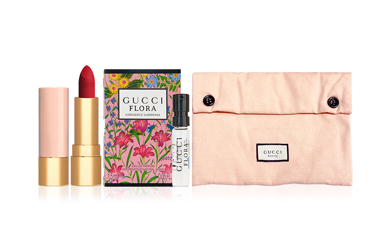 Набор Gucci: парфюмерная вода Bloom, 1,5 мл + помада Rouge à Lèvres Voile Velvet Mist 25 + косметичка-конверт — фото 2