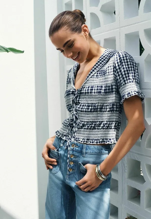 Блузка прямого кроя с матросским воротником и завязками спереди Next, Navy Blue Gingham — фото 2