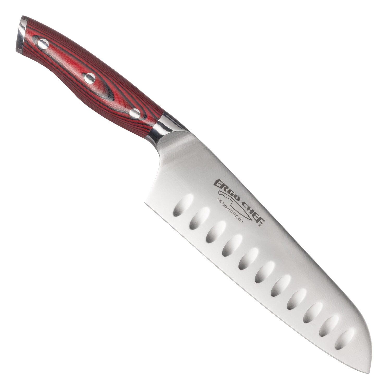 

Нож Santoku Ergo Chef Crimson Series 7 дюймов, кованая немецкая нержавеющая сталь, с полыми подошвами, рукоятка G10