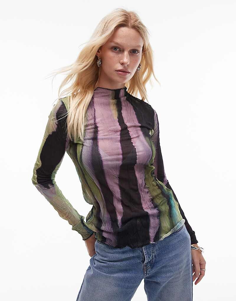 

Топ Topshop – с длинными рукавами, разноцветным мраморным принтом и жатой текстурой