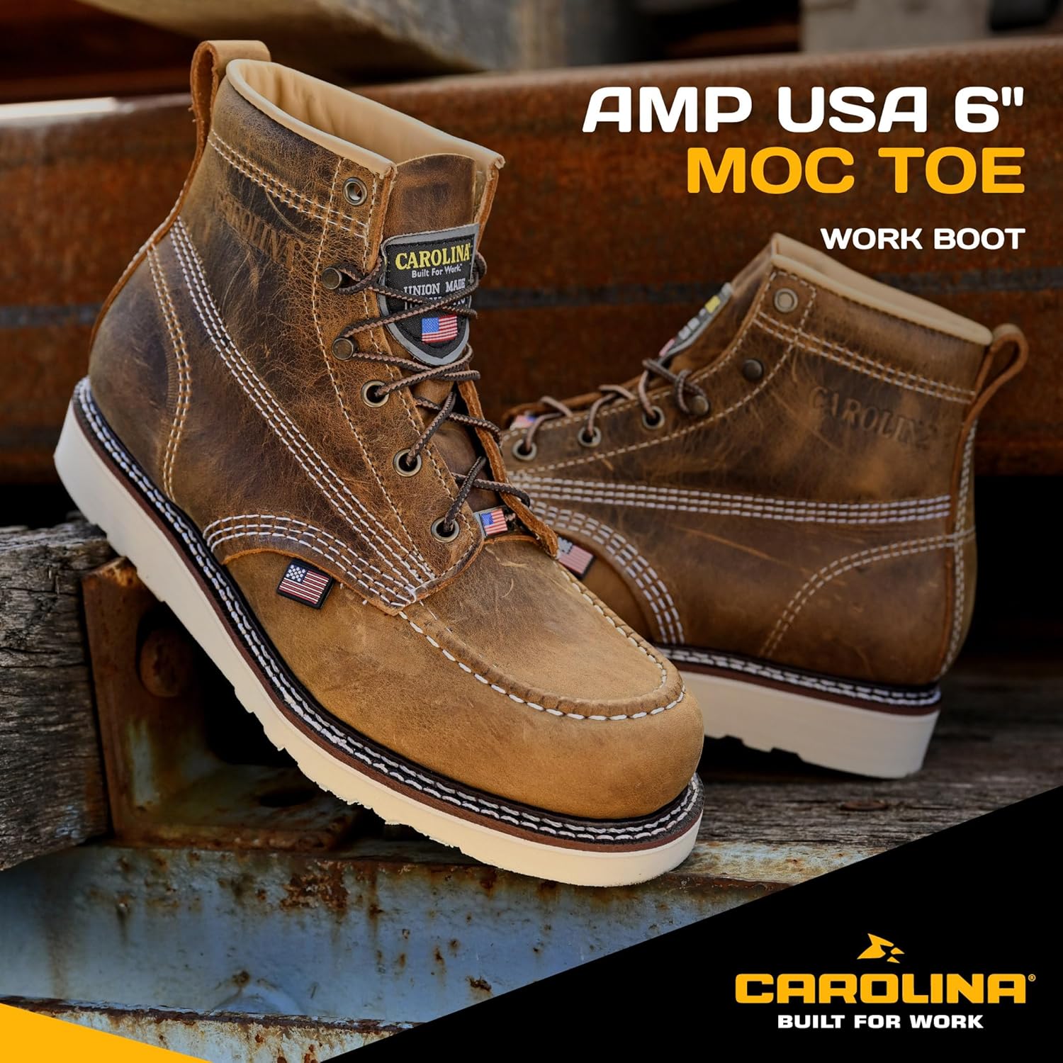 Мужские ботинки Carolina AMP USA 6 Soft Moc Toe - Сделано в США, верх из кожи Old Town Folklore, маслоустойчивая и противоскользящая подошва, стелька из порона, коричневый — фото 2