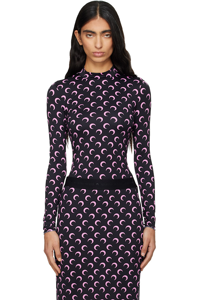 

Marine Serre Черная футболка из переработанной ткани с рисунком "лунный джерси", облегающая фигуру, Черный, Marine Serre Черная футболка из переработанной ткани с рисунком "лунный джерси", облегающая фигуру