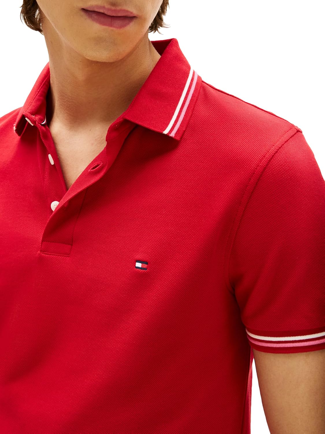 Мужские поло Tommy Hilfiger с коротким рукавом, повседневные, облегающего кроя, с эластичными манжетами, Medium Red — фото 2