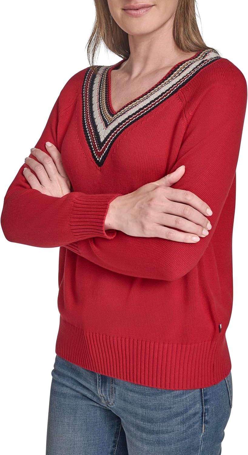 Женский однотонный свитер Tommy Hilfiger с V-образным вырезом и отделкой, Scarlet — фото 3