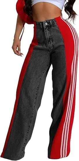 

Женские джинсы с высокой талией и расклешенными штанинами в стиле колор-блок FUNRKLI