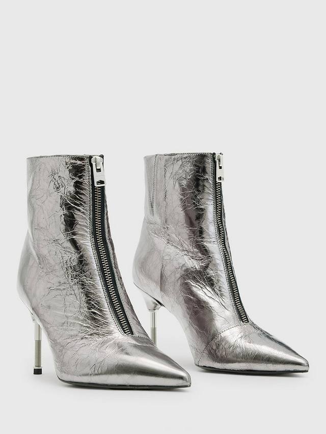 Наташа кожаные сапоги-ботфорты на шпильке AllSaints, Silver — фото 4