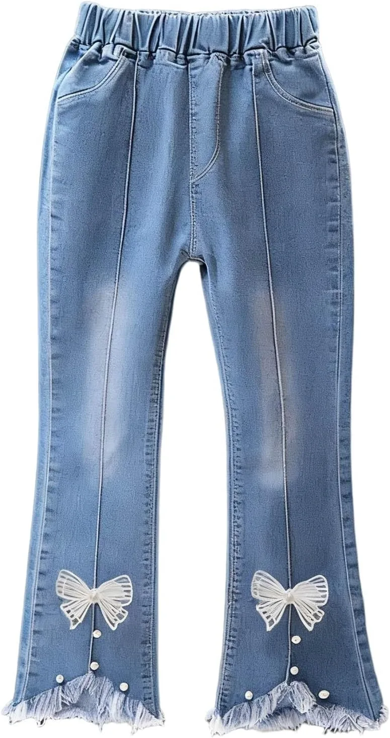 

Джинсы-клеш для девочек с цветочным пэчворком и эластичным поясом