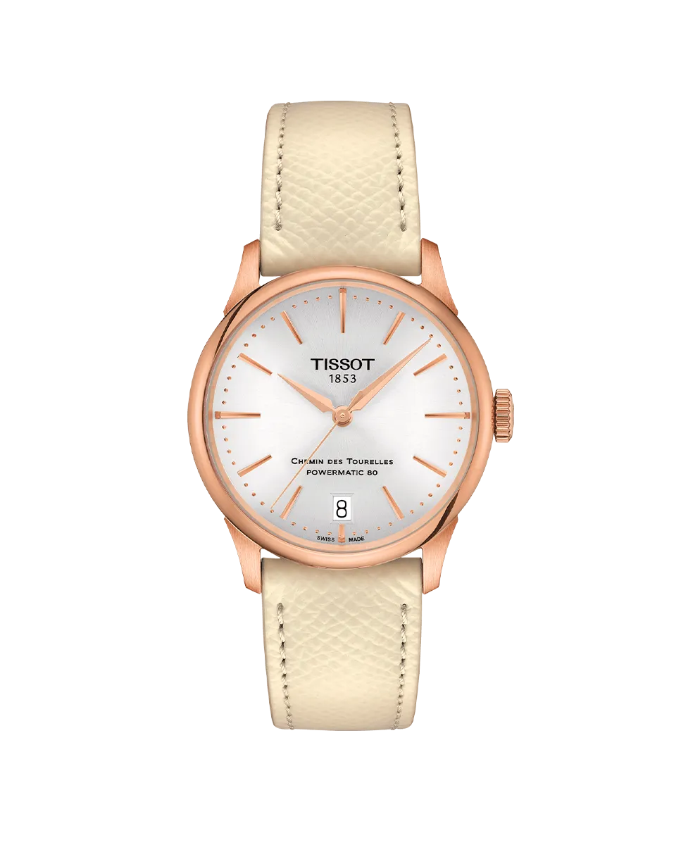

Женские часы из коллекции Chemin des Tourelles из бежевой кожи Tissot, бежевый