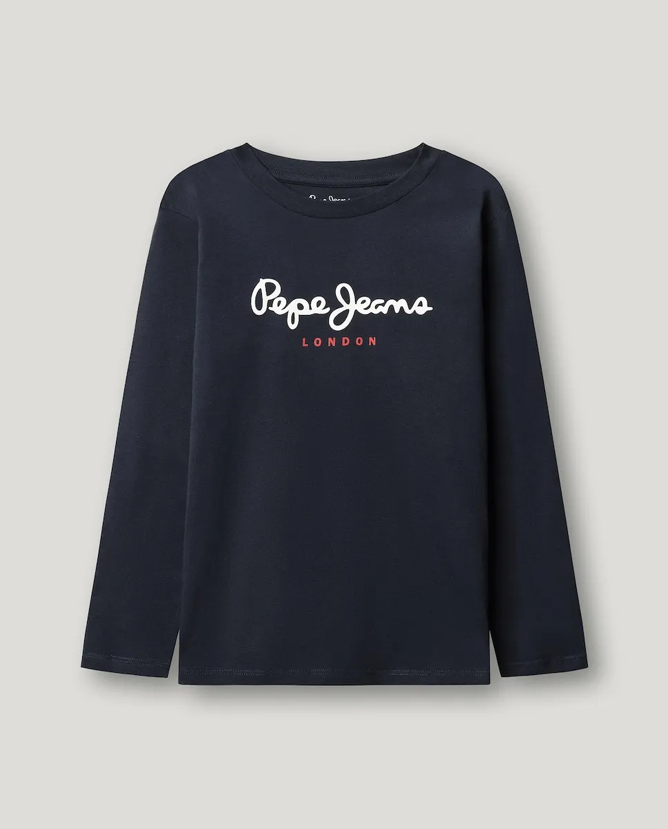 

Детская футболка с длинным рукавом и напечатанным логотипом Pepe Jeans, темно-синий
