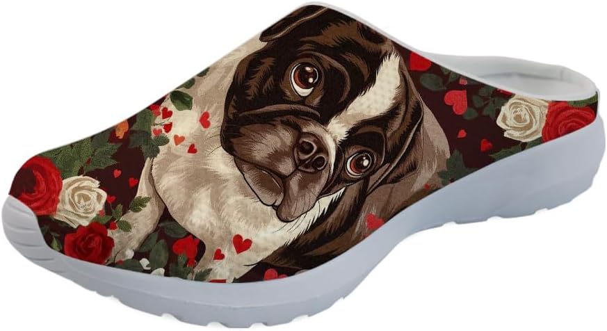 

Кроссовки Forchrinse Christmas с Санта-Клаусом и снежинкой для женщин, мюли, сетчатые слипоны, мужские садовые сабо, рождественская обувь для прогулок, для дома, работы и спортзала, Pug Rose