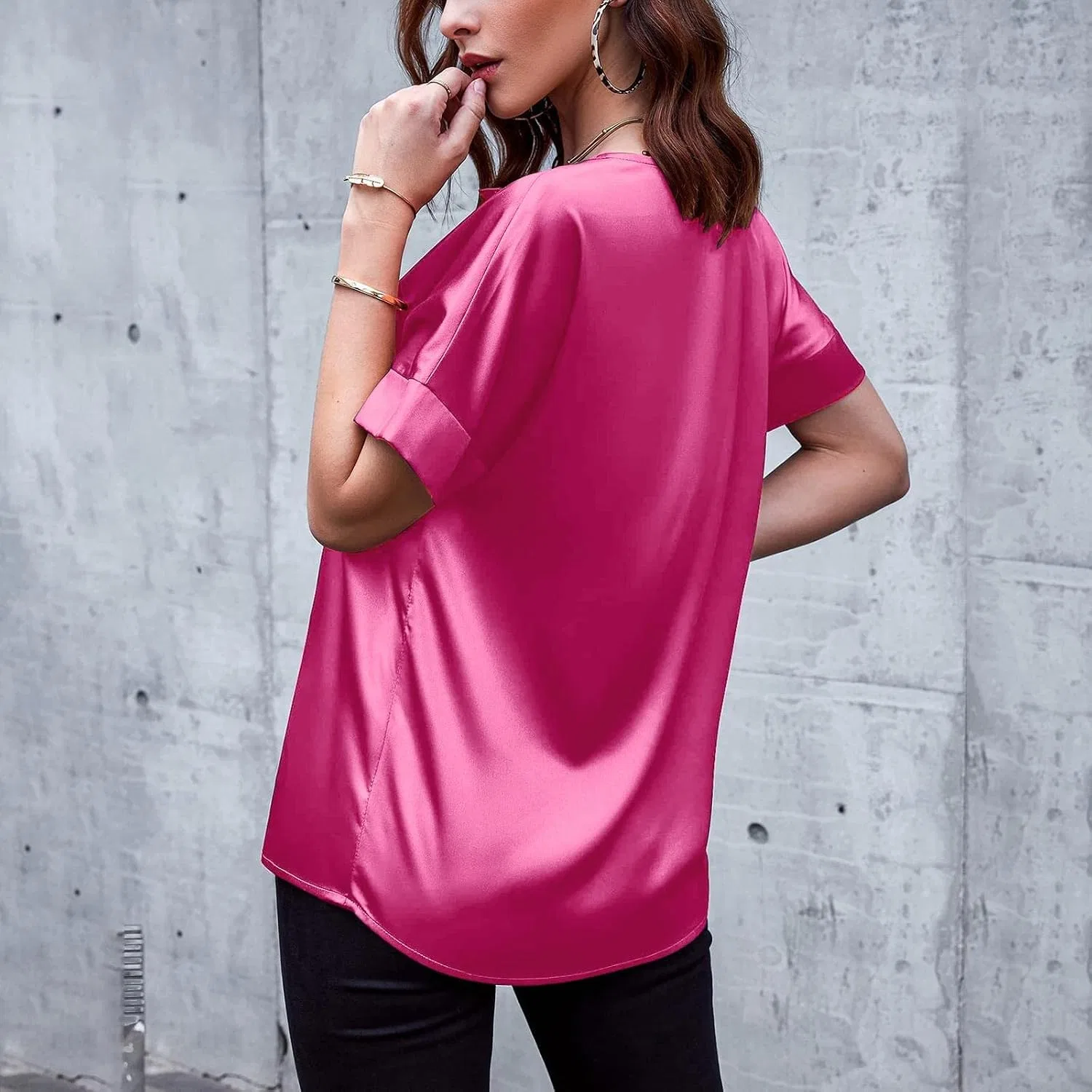 Блуза с V-образным вырезом, сатиновая, свободная, женская, Hot Pink — фото 3