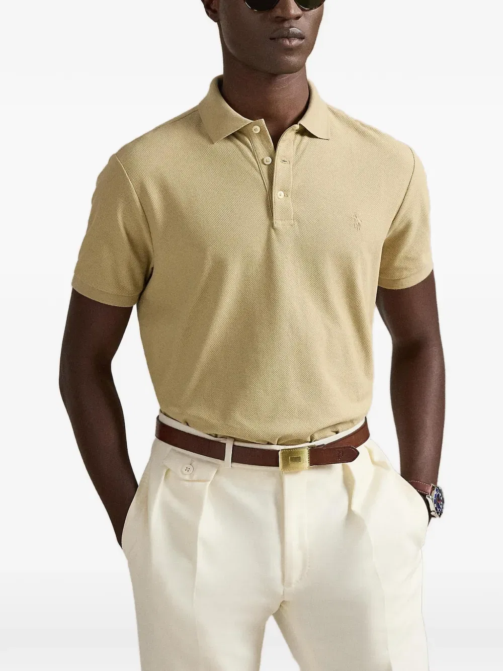 Рубашка-поло из пике с вышитым логотипом Polo Ralph Lauren, нейтральный — фото 3