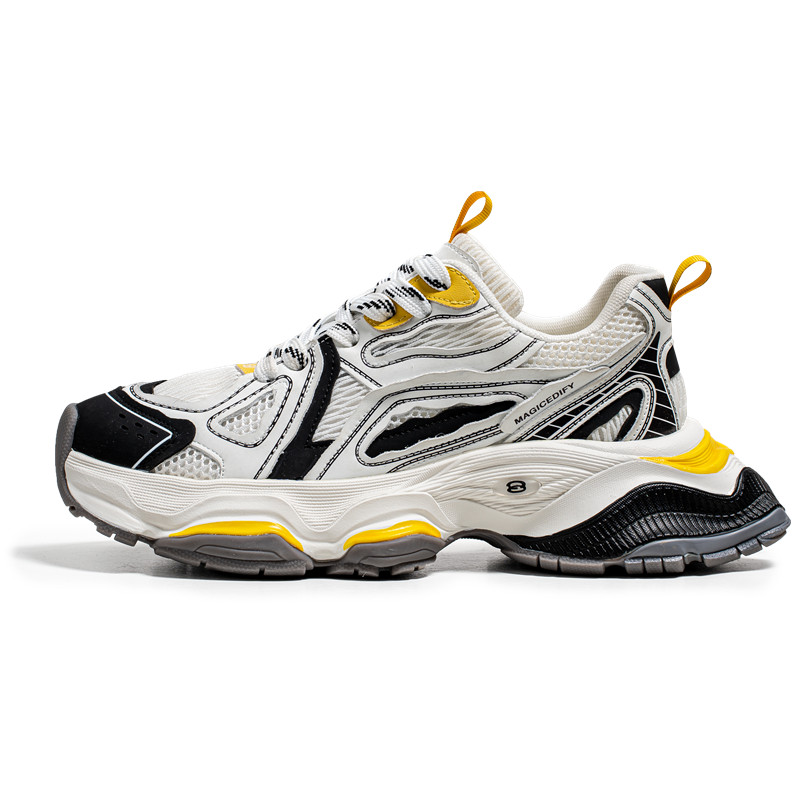 

Амортизирующие, износостойкие, дышащие, увеличивающие рост низкие массивные кроссовки для мужчин Wooden Rabbit, White Yellow