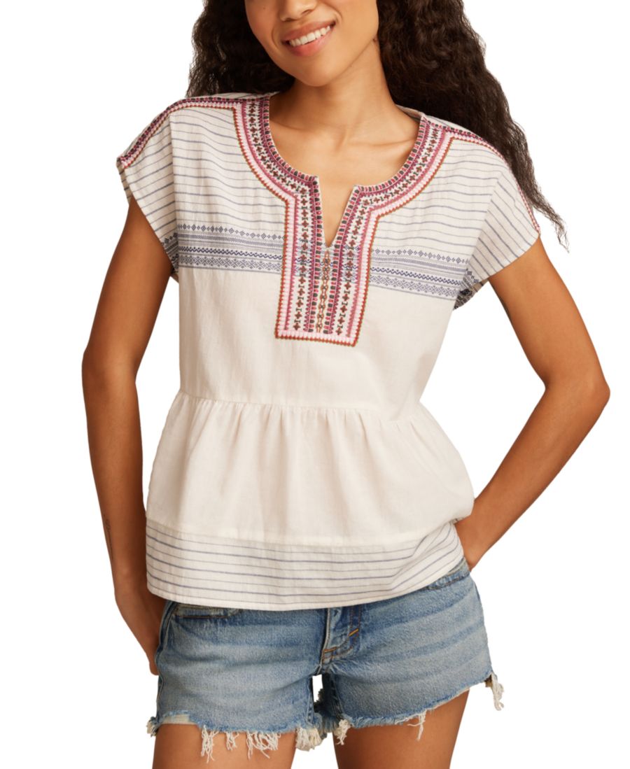 

Женская хлопковая крестьянская блузка с рукавами-ракушкой Lucky Brand, Cream And Navy Jacquard