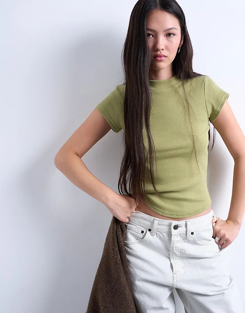 

Футболка Topshop из трикотажа в рубчик с закругленным краем, светло-зеленого цвета хаки