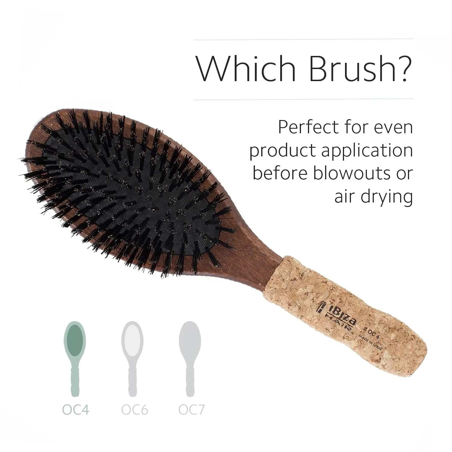 Щетка для волос Ibiza Hair Oval Boar Flat Brush (OC Series) с усиленной щетиной из кабана и нейлона, пробковой ручкой, термостойкая OC4 — фото 4