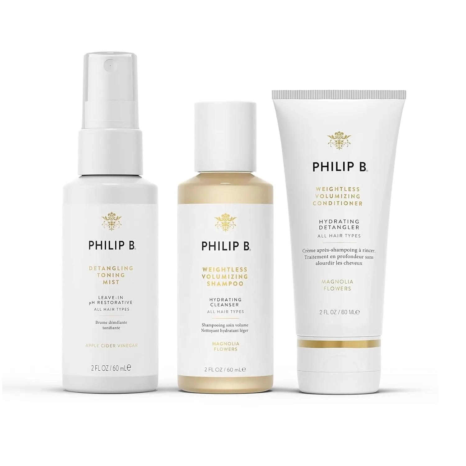 PHILIP B. Шампунь для объема Weightless Volumizing 60 мл + Кондиционер для объема Weightless Volumizing 60 мл + Тонизирующий спрей для легкого расчесывания Detangling Toning Mist pH Restorative 60 мл, набор