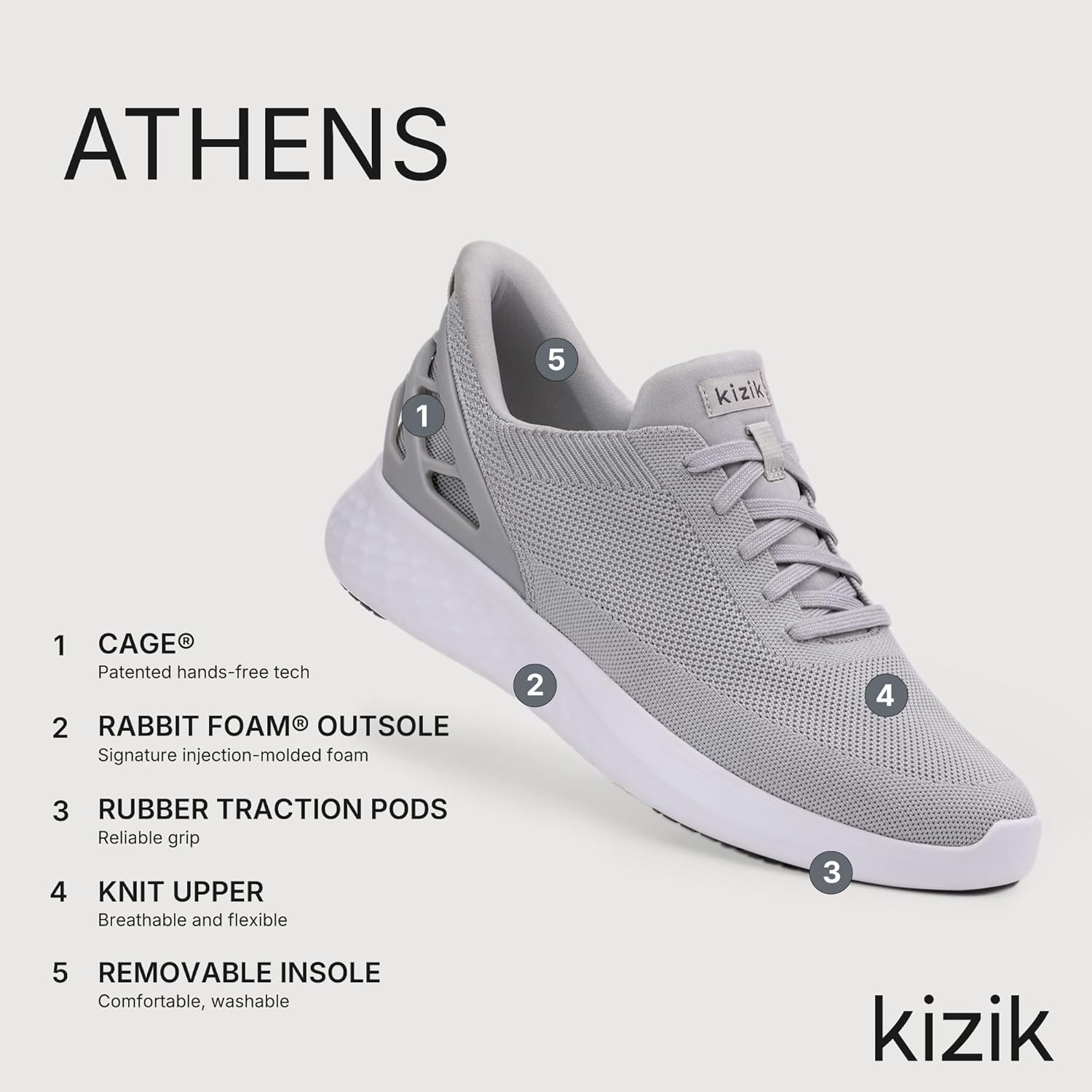 Кроссовки Kizik Slip On: Athens- удобные для носки весь день, без ручного застегивания, дышащий верх из трикотажа, мужские и женские прогулочные туфли с поддержкой свода стопы, серый — фото 3