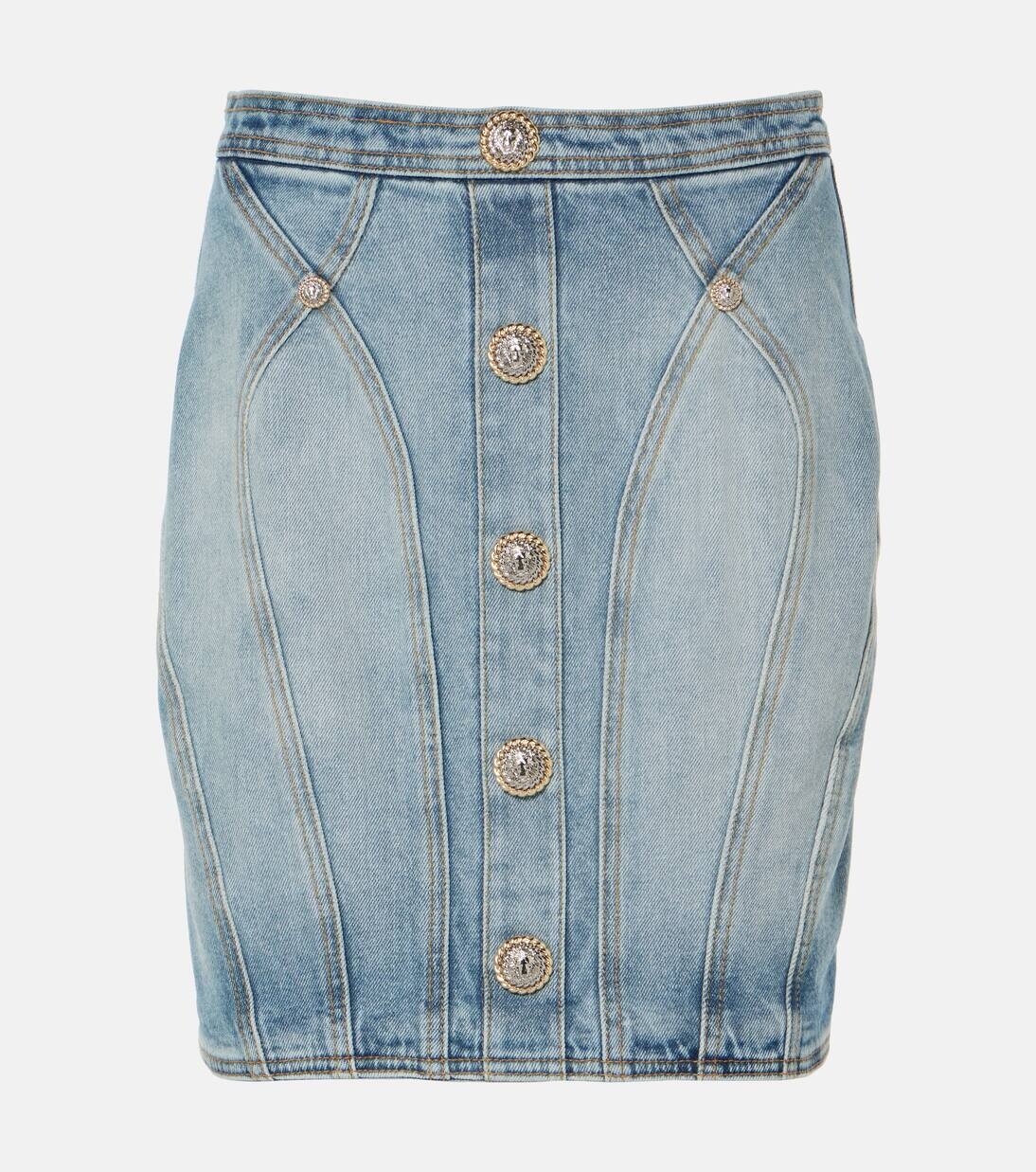 

Мини-юбка из денима с высокой посадкой Balmain, цвет bleu jean claire