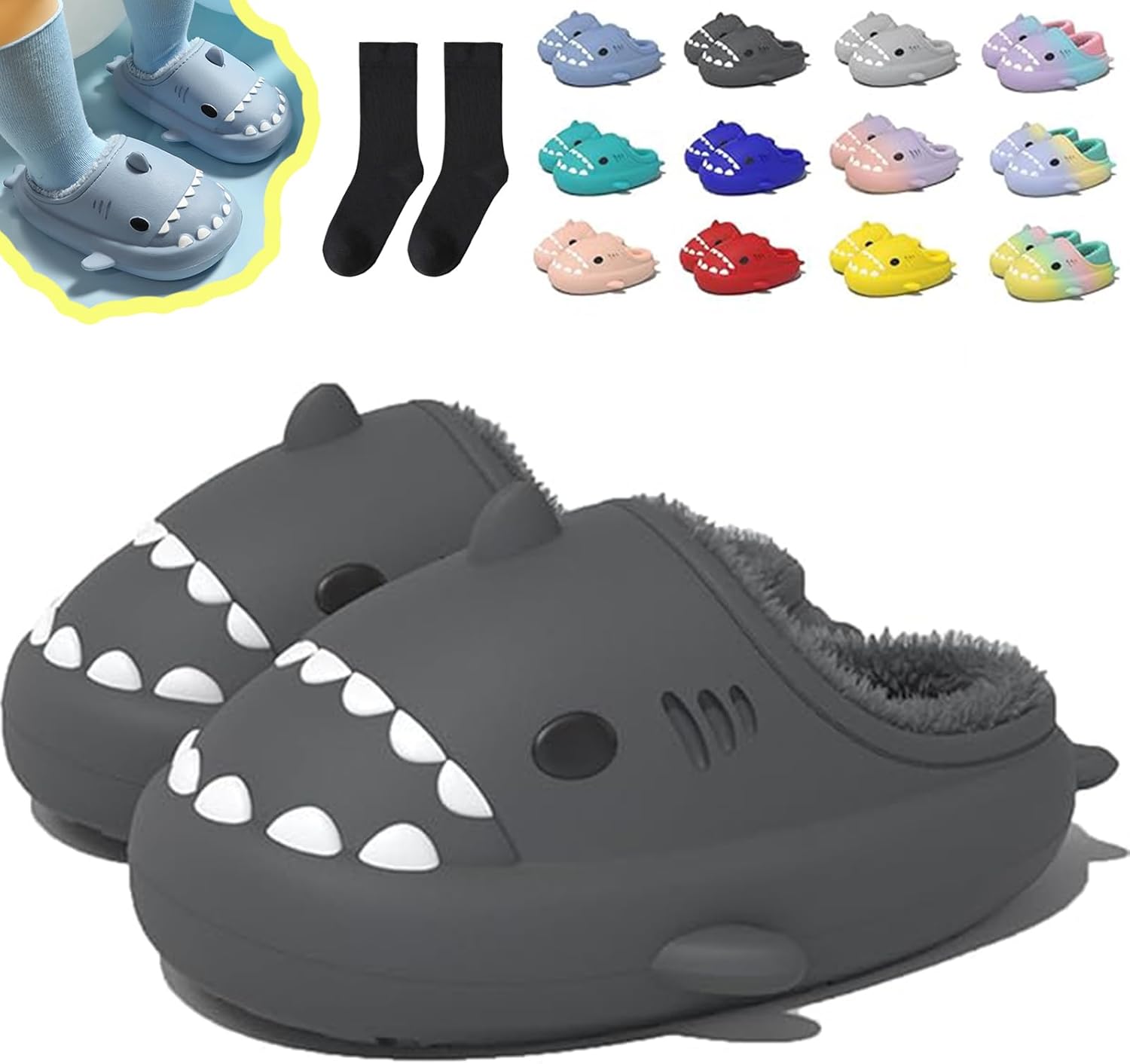 

Зимние тапочки в виде акулы, тапочки с акулой со съемной плюшевой подкладкой, теплые зимние плюшевые удобные нескользящие шлепанцы Generic, черный