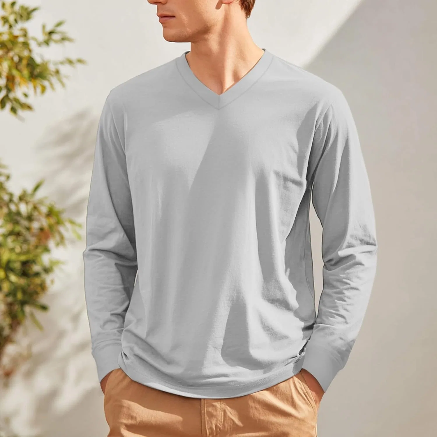 Футболка мужская с длинным рукавом, V-образный вырез, 2-light Gray — фото 3
