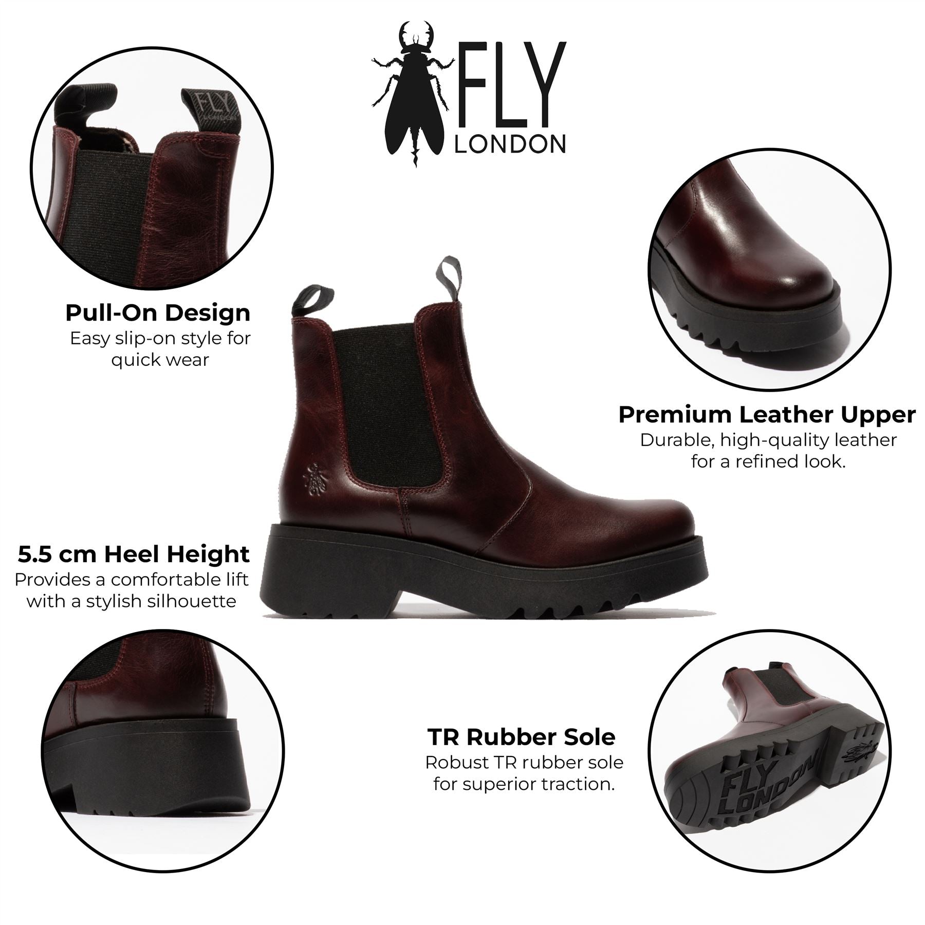 Ботинки Fly London женские винные MEDI789 на платформе с клиновидным каблуком и резинкой по бокам, Wine — фото 2