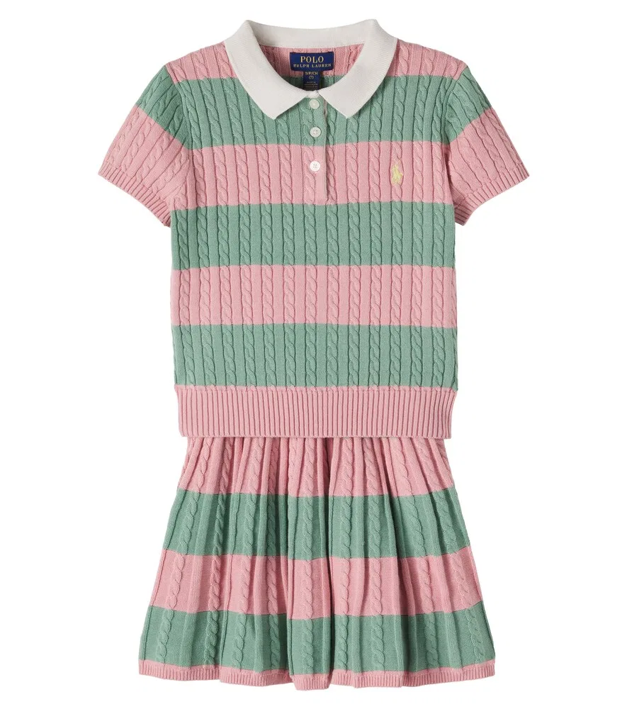 Комплект из хлопкового поло с косами в полоску и юбки Polo Ralph Lauren Kids, розовый