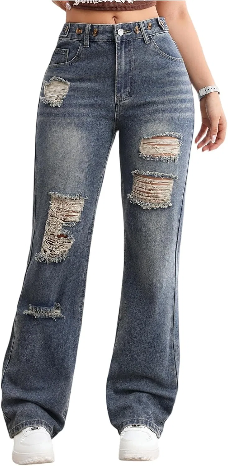 Джинсы с высокой талией, рваные, Women's High Waisted Distressed Jeans, синий