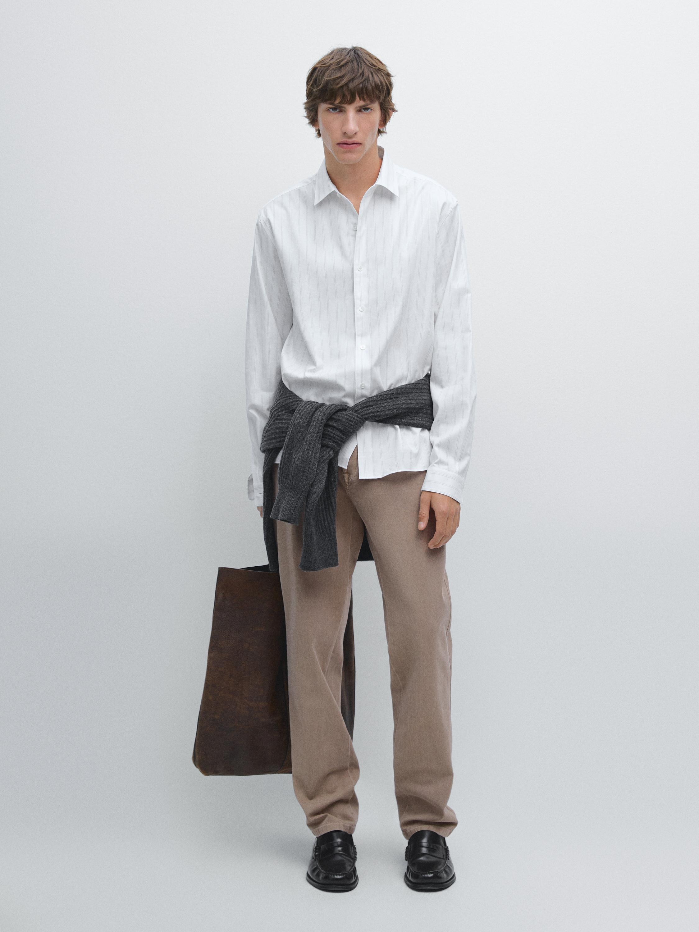 

Рубашка в полоску классического кроя из 100% хлопка Massimo Dutti, белый