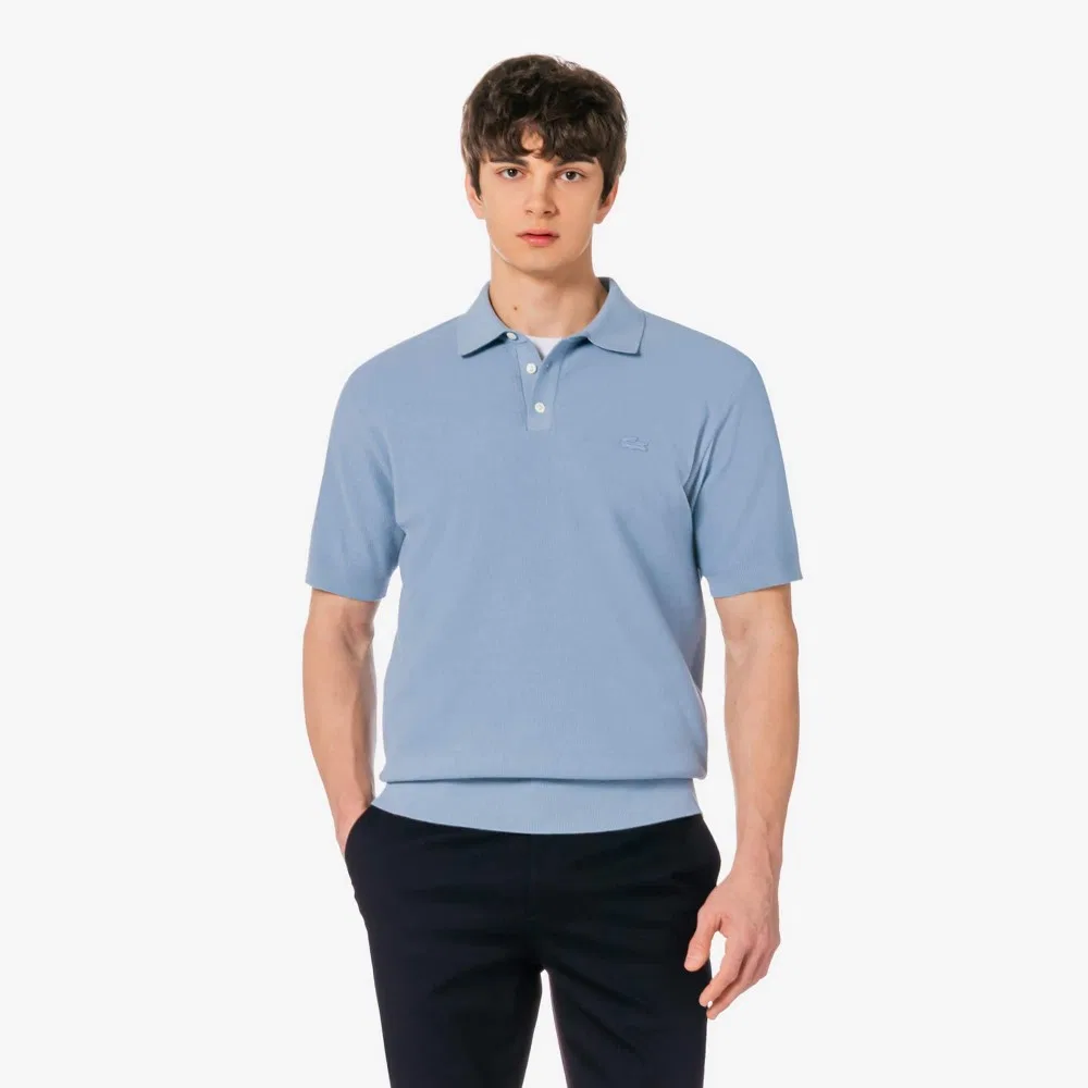 Мужская футболка-поло пике с коротким рукавом серо-голубая от Lacoste — фото 2