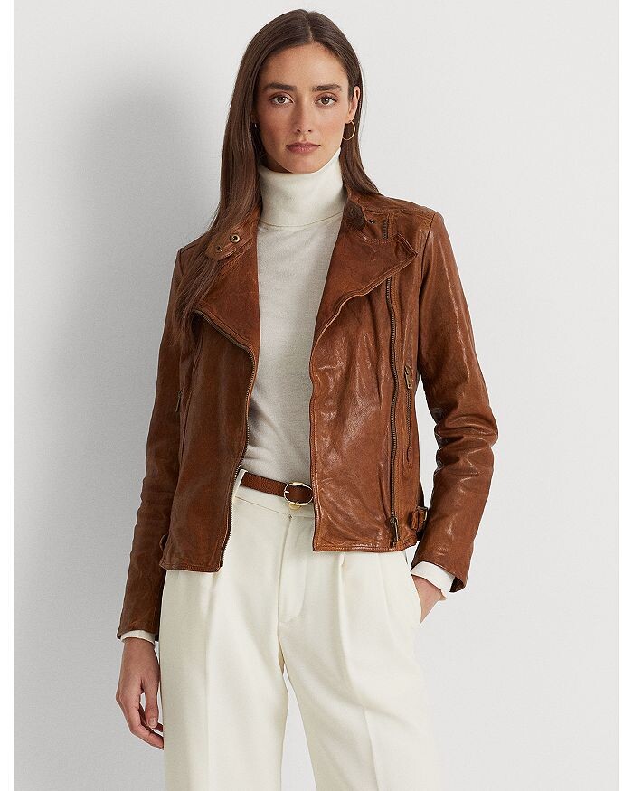 Мотоциклетная куртка из полированной кожи Lauren Ralph Lauren, коричневый — фото 4