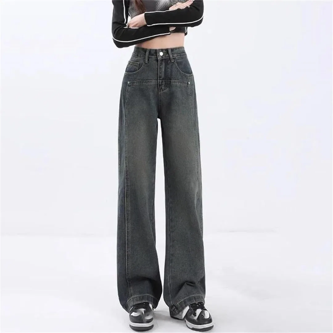 Джинсы прямые свободные Women High Waist Wide Leg Jeans, серый — фото 2
