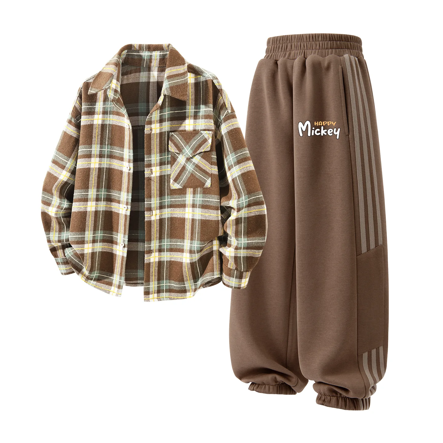 Детская повседневная спортивная одежда с лацканом Disney, Solid Rum Brown Plaid+Diquqi K Heather Gray — фото 2