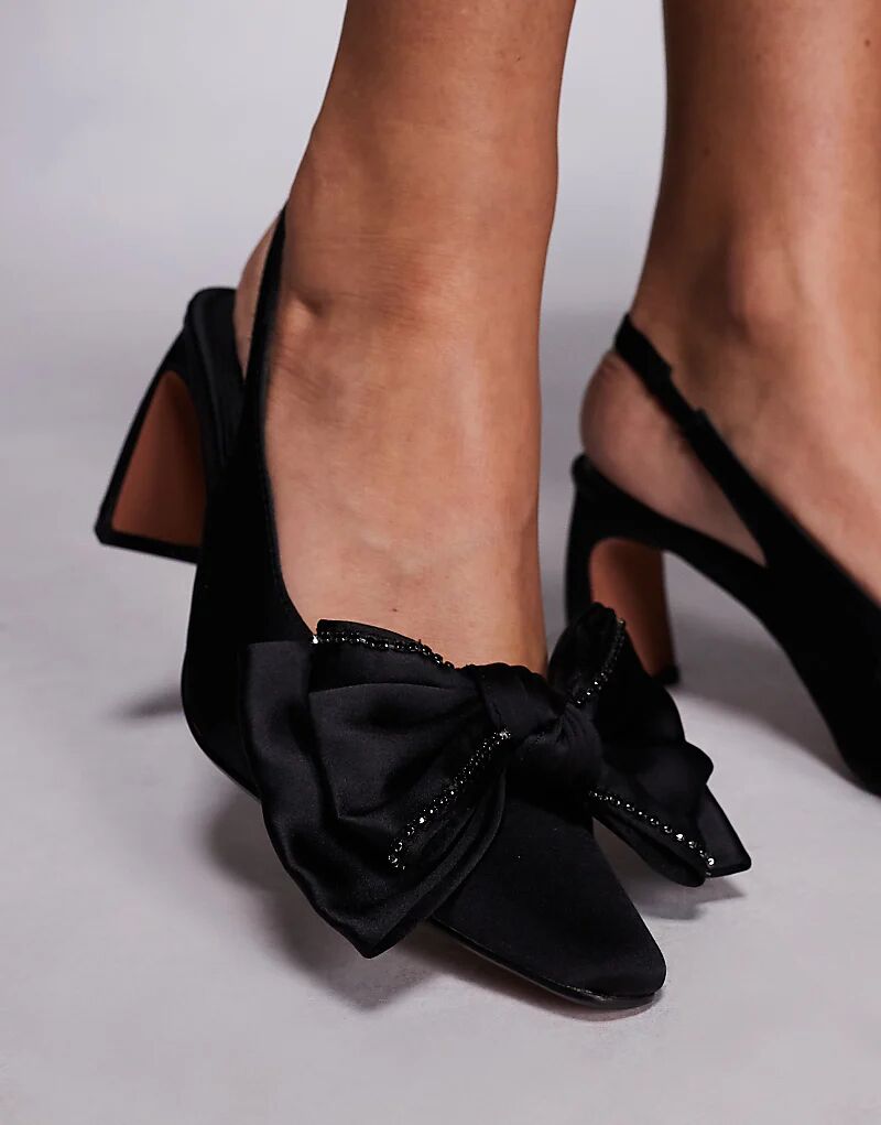 Туфли River Island на низком каблуке из атласа с бантом, черного цвета — фото 4
