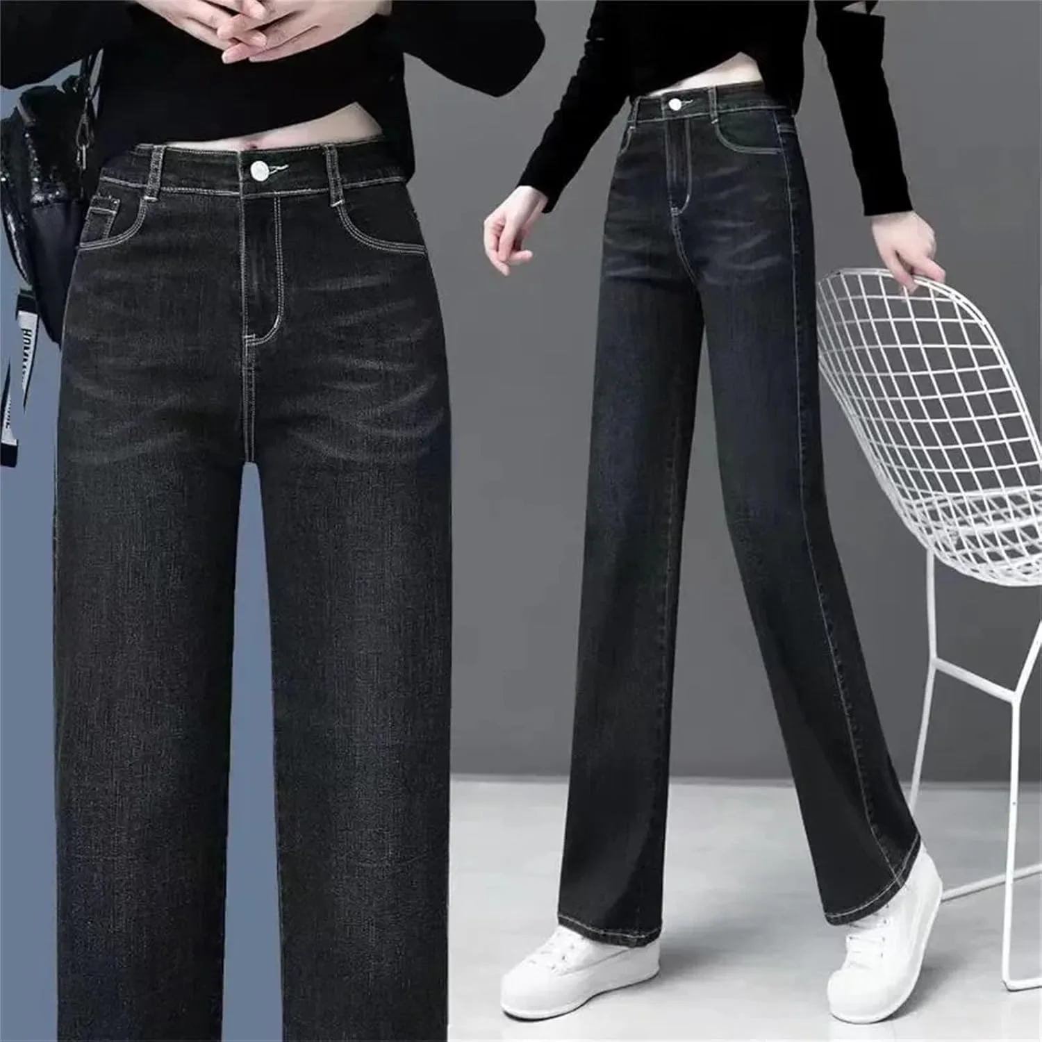 Женские утепленные свободные прямые джинсы Korean High Waist с бархатной подкладкой, зимние теплые для снега Vaqueros Generic, черный — фото 4