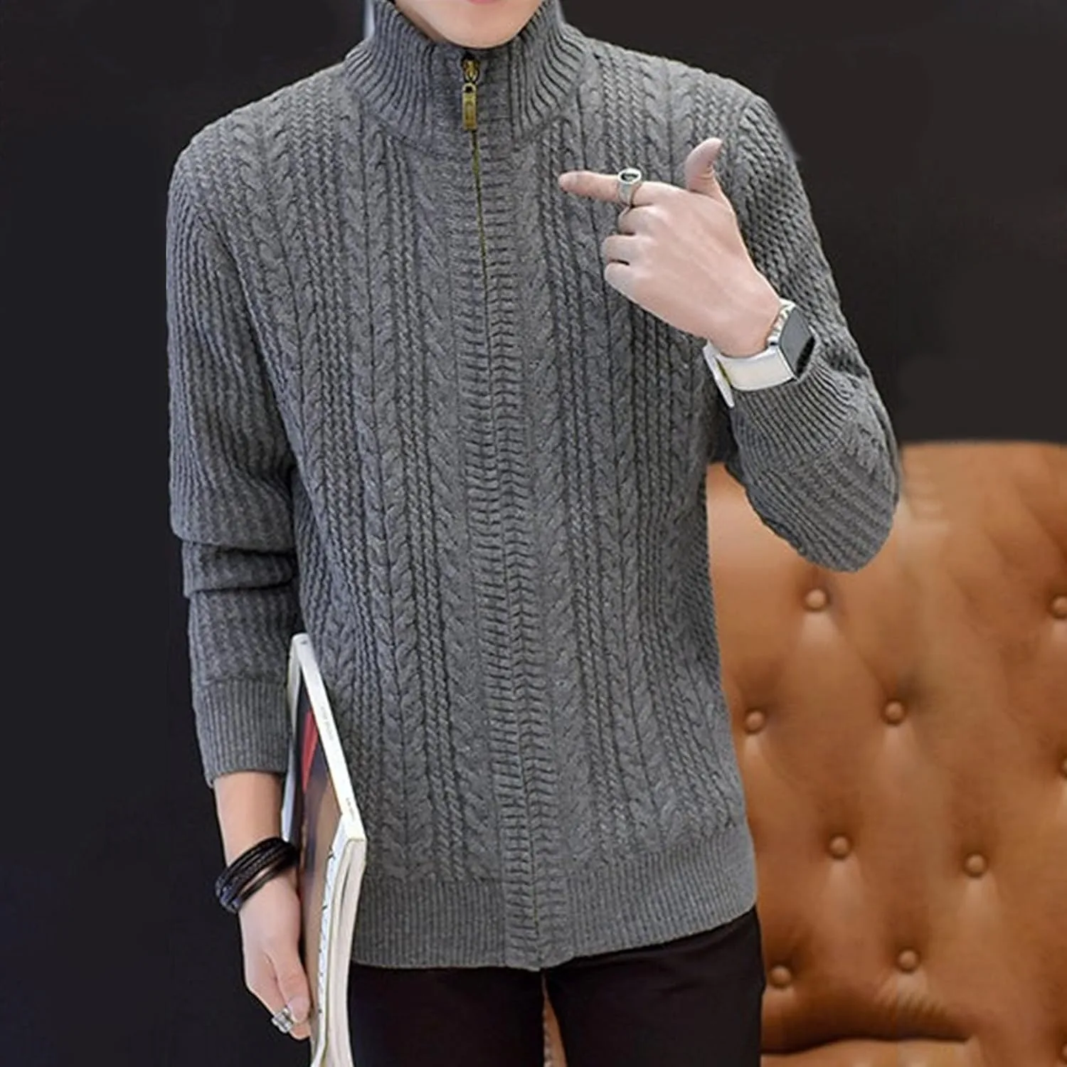 Кардиган Slim Fit с воротником стойкой и кабельной вязкой — фото 3