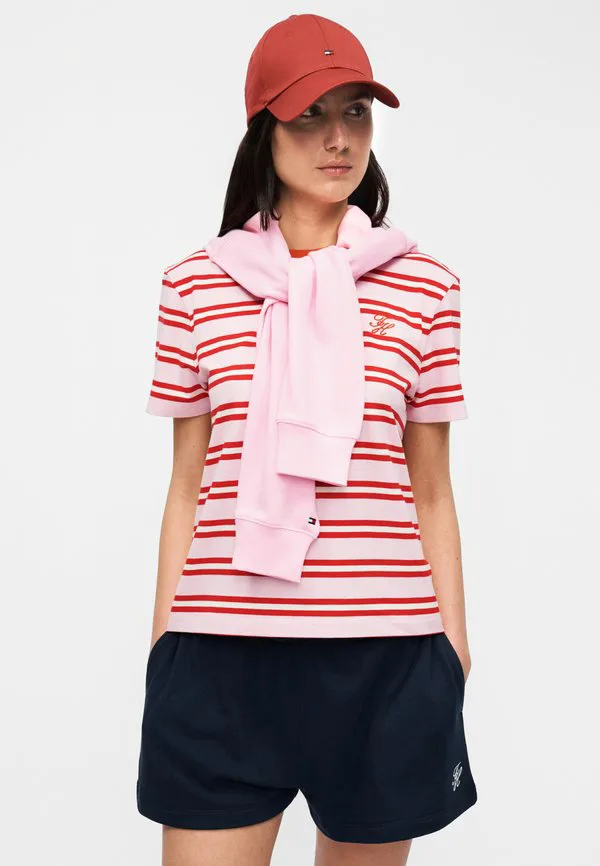 Футболка с вышитым логотипом, круглый вырез, базовая футболка Tommy Hilfiger, Bonita Pink/Fireworks — фото 4